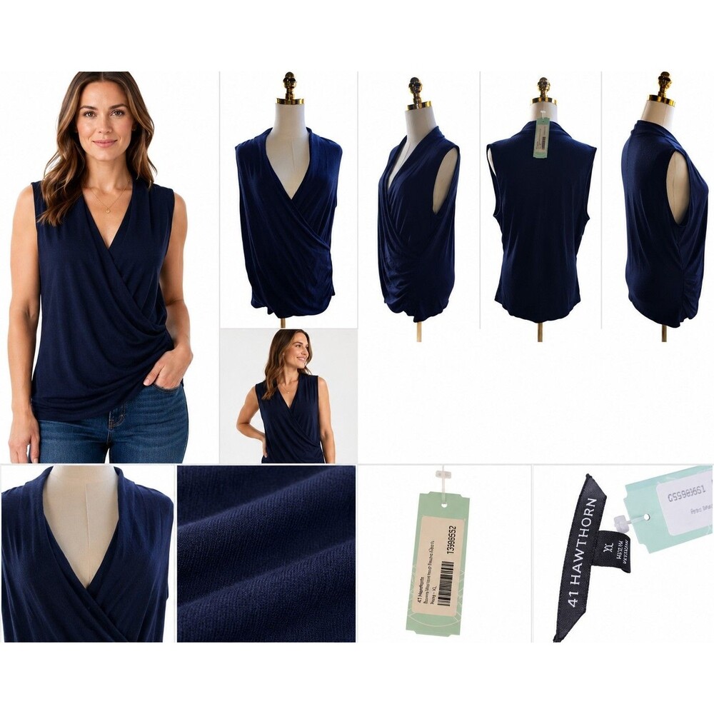 41 Hawthorn Benni Wrap Front Ruched Knit Top Navy Blue Sleeveless XL NWT